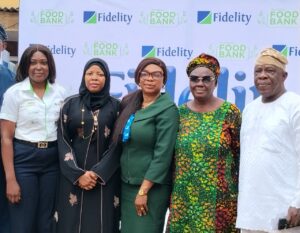 L-R: Team Lead, Corporate Social Responsibility (CSR), Fidelity Bank Plc, Victoria Abuka; Personal Assistant to the President on Constituency Affairs, Hon. Khadijat Kareem Omotayo; Branch Leader, Adeola Odeku Branch, Fidelity Bank Plc, Ifeyinwa Asomugha; Surulere Local Government Executive, Anthonia Adenike Adjivon; and First Vice Chairman, Community Development Committee (CDC), Surulere Local Government, Adebayo Odukoya; during the Fidelity Food Bank outreach in Surulere, Lagos recently.